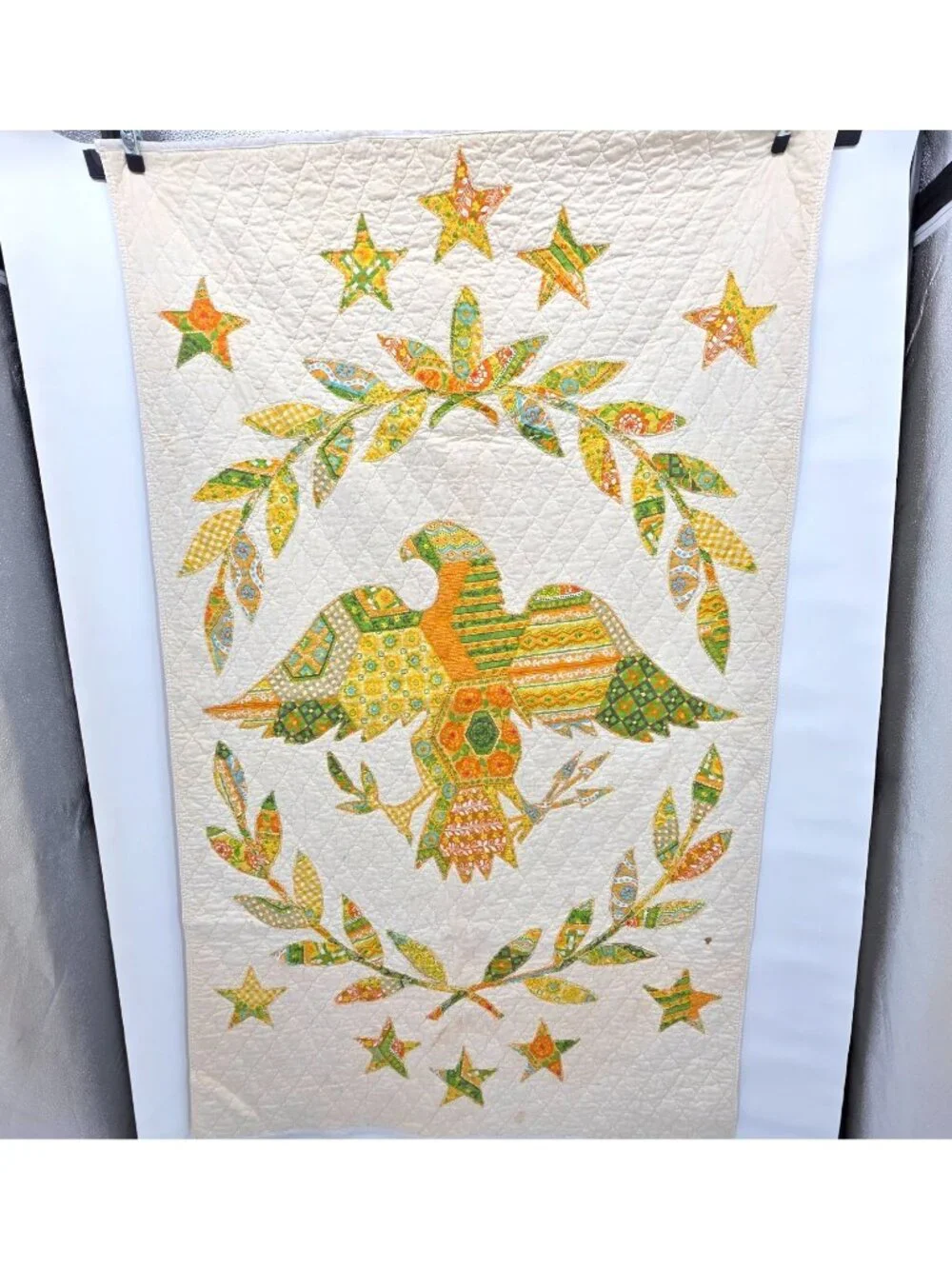 Handmade Eagle Quilt 36x62 Applique Folk Art Americana Textile Wall Hanging Vtg